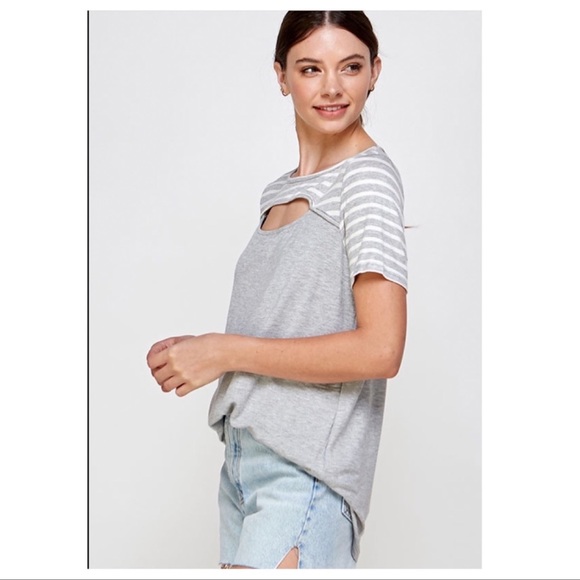(4)New Heather Gray Short Sleeve Top,Keyhole Front With Striped Contrast Sleeves - Picture 7 of 7